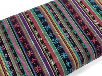 Southwest Style Embroidered Fabric by the Yard. 100% Dobby Cotton Rainbow Multicolored Stripes. Turquoise/Pink. 56" wide. One Side Finished.