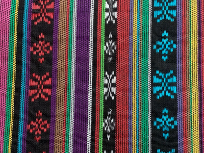 Southwest Style Embroidered Fabric by the Yard. 100% Dobby Cotton Rainbow Multicolored Stripes. Turquoise/Pink. 56" wide. One Side Finished.