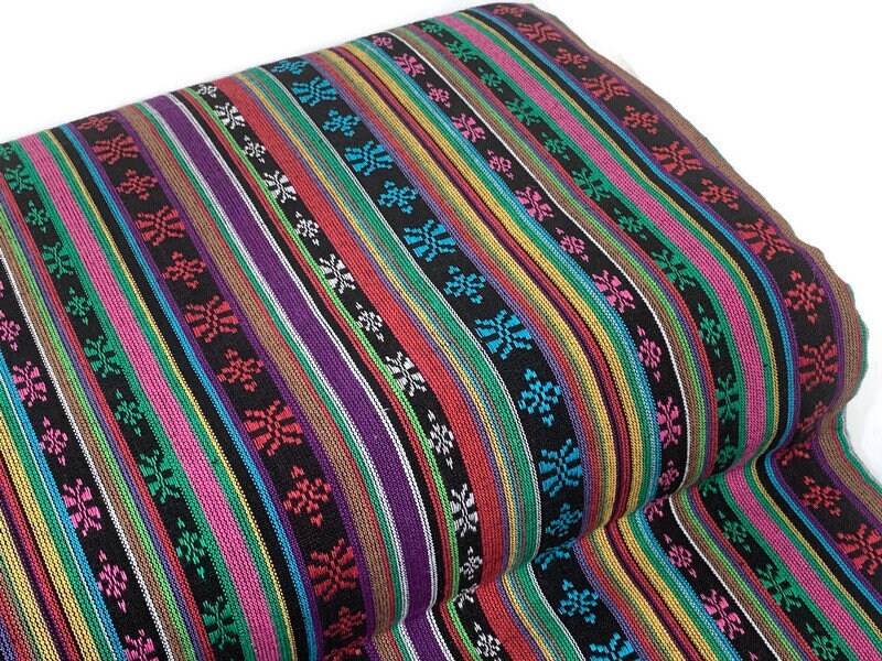 Southwest Style Embroidered Fabric by the Yard. 100% Dobby Cotton Rainbow Multicolored Stripes. Turquoise/Pink. 56" wide. One Side Finished.