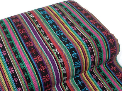 Southwest Style Embroidered Fabric by the Yard. 100% Dobby Cotton Rainbow Multicolored Stripes. Turquoise/Pink. 56" wide. One Side Finished.
