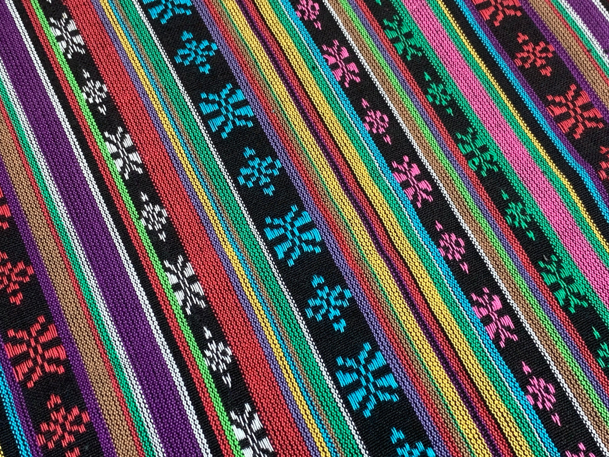 Southwest Style Embroidered Fabric by the Yard. 100% Dobby Cotton Rainbow Multicolored Stripes. Turquoise/Pink. 56" wide. One Side Finished.