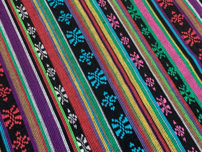 Southwest Style Embroidered Fabric by the Yard. 100% Dobby Cotton Rainbow Multicolored Stripes. Turquoise/Pink. 56" wide. One Side Finished.