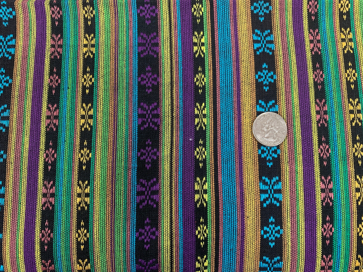 Southwest Style Embroidered Fabric by the Yard. 100% Dobby Cotton Boho Fabric with Multicolored Stripes. Purple, Green, Teal. 56" wide.