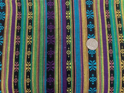 Southwest Style Embroidered Fabric by the Yard. 100% Dobby Cotton Boho Fabric with Multicolored Stripes. Purple, Green, Teal. 56" wide.