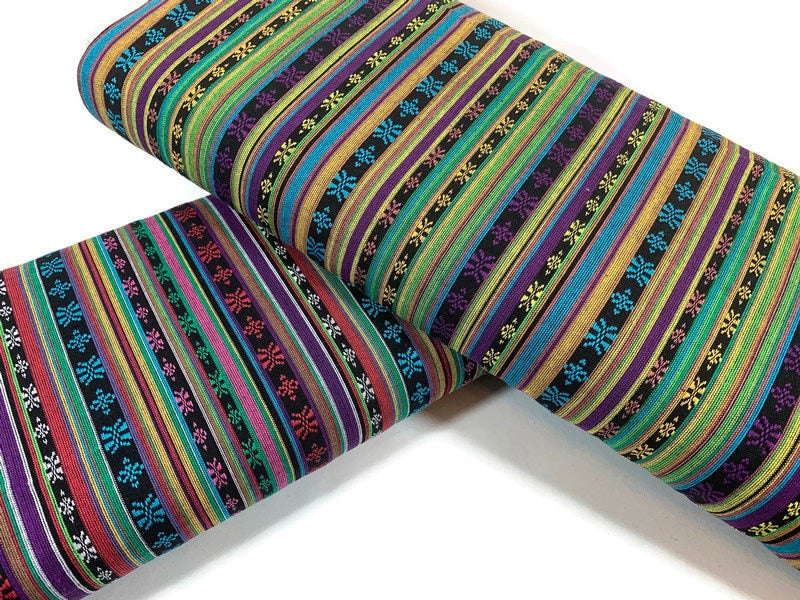 Southwest Style Embroidered Fabric by the Yard. 100% Dobby Cotton Boho Fabric with Multicolored Stripes. Purple, Green, Teal. 56" wide.