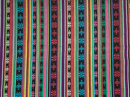 Southwest Style Embroidered Fabric by the Yard. 100% Dobby Cotton Rainbow Multicolored Stripes. Turquoise/Pink. 56" wide. One Side Finished.