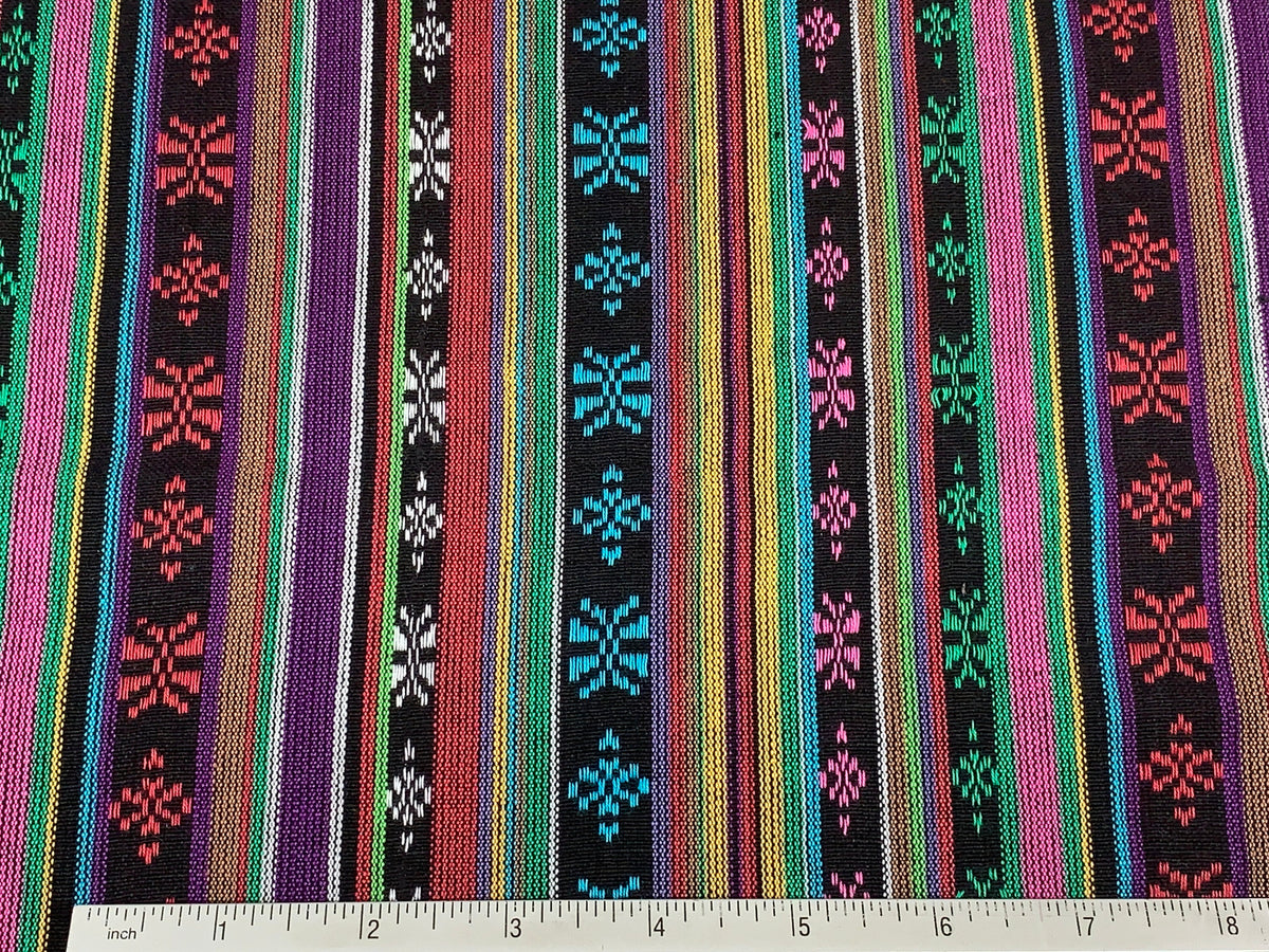 Southwest Style Embroidered Fabric by the Yard. 100% Dobby Cotton Rainbow Multicolored Stripes. Turquoise/Pink. 56" wide. One Side Finished.