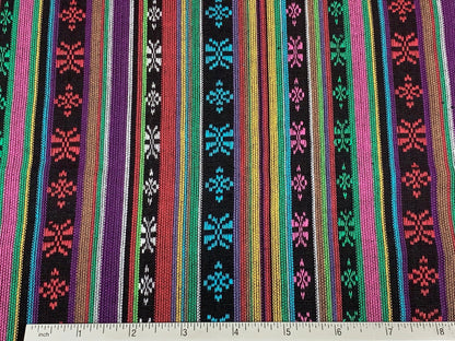 Southwest Style Embroidered Fabric by the Yard. 100% Dobby Cotton Rainbow Multicolored Stripes. Turquoise/Pink. 56" wide. One Side Finished.