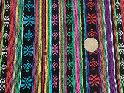 Southwest Style Embroidered Fabric by the Yard. 100% Dobby Cotton Rainbow Multicolored Stripes. Turquoise/Pink. 56" wide. One Side Finished.