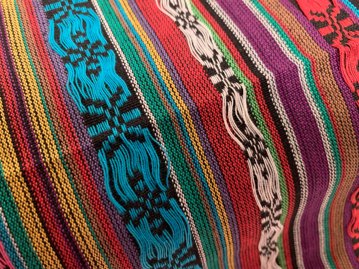 Southwest Style Embroidered Fabric by the Yard. 100% Dobby Cotton Rainbow Multicolored Stripes. Turquoise/Pink. 56" wide. One Side Finished.