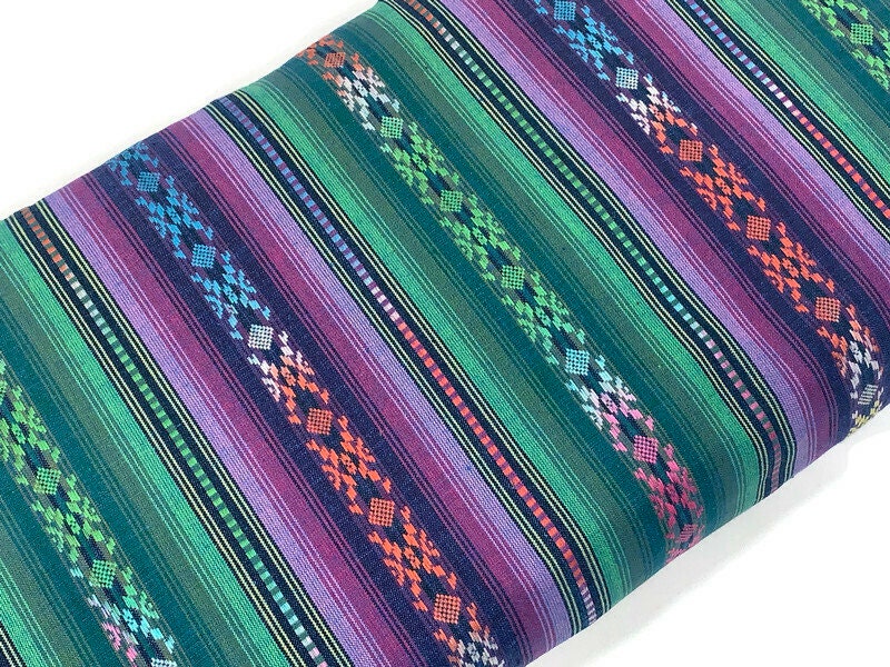 Purple & Green Southwest Style Stripes. Woven Home Décor Fabric by the Yard. 100% Dobby Cotton One Side Finished. For Home Décor, Apparel.