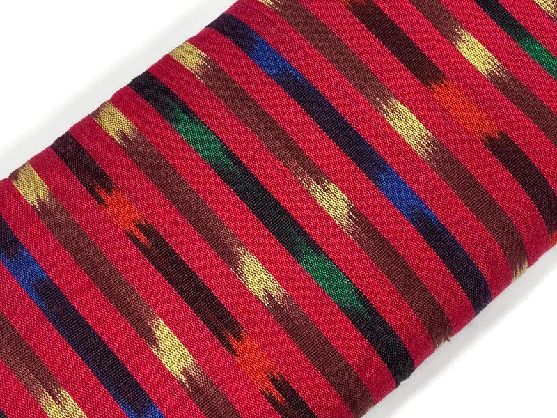 Bright Cherry Red Ikat Striped Guatemalan Fabric by the YARD. Primary Color Handwoven Mayan Light Weight Textile for Home Décor 36" wide.