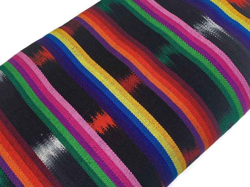 Black and Rainbow Ikat Striped Guatemalan Fabric by the YARD. 100 % Cotton Handwoven Mayan Medium Weight Textile for Home Décor 36" wide.