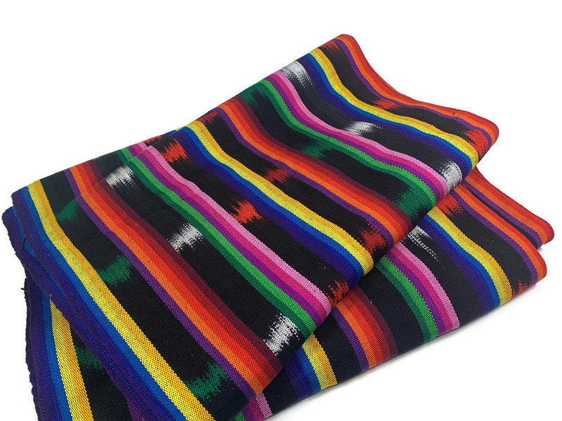 Black and Rainbow Ikat Striped Guatemalan Fabric by the YARD. 100 % Cotton Handwoven Mayan Medium Weight Textile for Home Décor 36" wide.