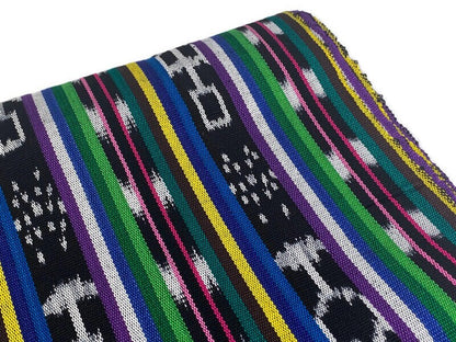 Black & White Ikat with Assorted Colors Guatemalan Fabric by the YARD. Handwoven Fair Trade Ethnic Mayan Cotton for Home Décor 36" wide.