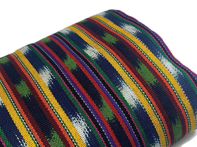 Yellow Green Red Navy Striped Ikat Guatemalan Fabric by the YARD. Handwoven Fair Trade Ethnic Mayan Fabric Cotton for Home Décor 36" wide.