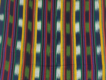 Yellow Green Red Navy Striped Ikat Guatemalan Fabric by the YARD. Handwoven Fair Trade Ethnic Mayan Fabric Cotton for Home Décor 36" wide.