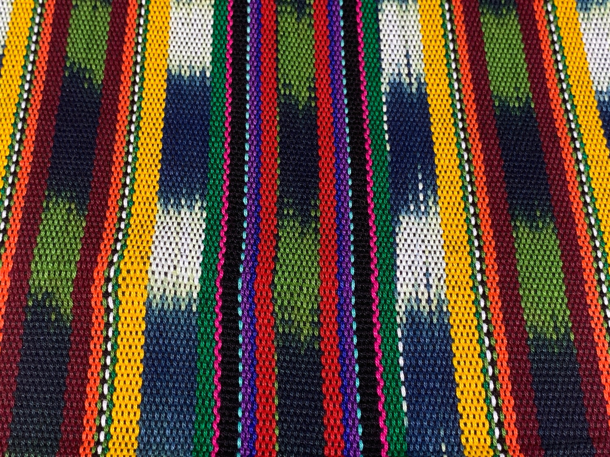 Yellow Green Red Navy Striped Ikat Guatemalan Fabric by the YARD. Handwoven Fair Trade Ethnic Mayan Fabric Cotton for Home Décor 36" wide.