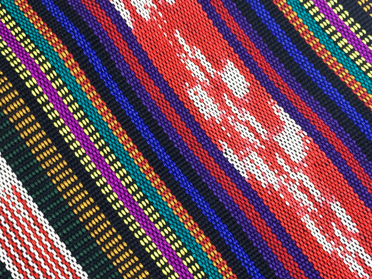 Red Ikat Stripes with Black, Blue, Purple, Guatemalan Fabric by the YARD. Handwoven Mayan Medium Weight Textile for Home Décor 36" wide.
