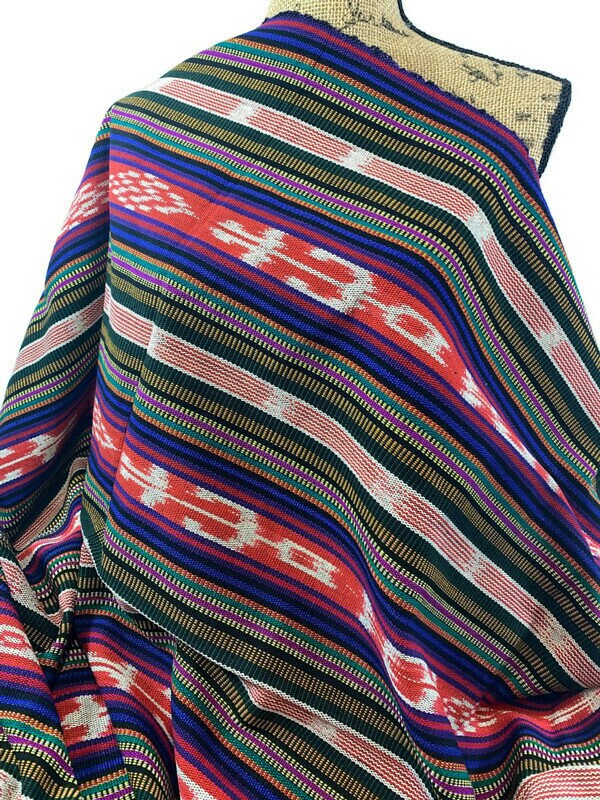Red Ikat Stripes with Black, Blue, Purple, Guatemalan Fabric by the YARD. Handwoven Mayan Medium Weight Textile for Home Décor 36" wide.