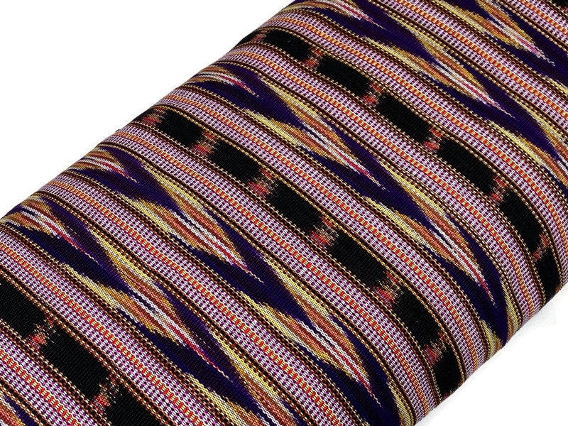 Guatemalan Ikat Fabric by the YARD. Handwoven Fair Trade Mayan Fabric. Heavy Woven Fabric for Home Décor. Dark Purple, Yellow, Black Stripes
