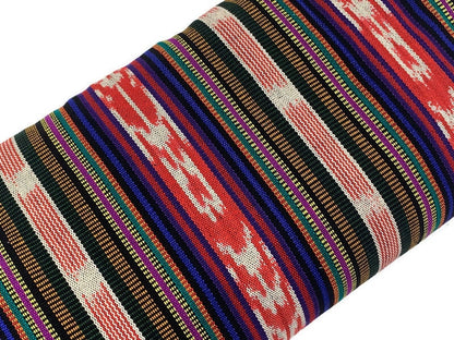 Red Ikat Stripes with Black, Blue, Purple, Guatemalan Fabric by the YARD. Handwoven Mayan Medium Weight Textile for Home Décor 36" wide.