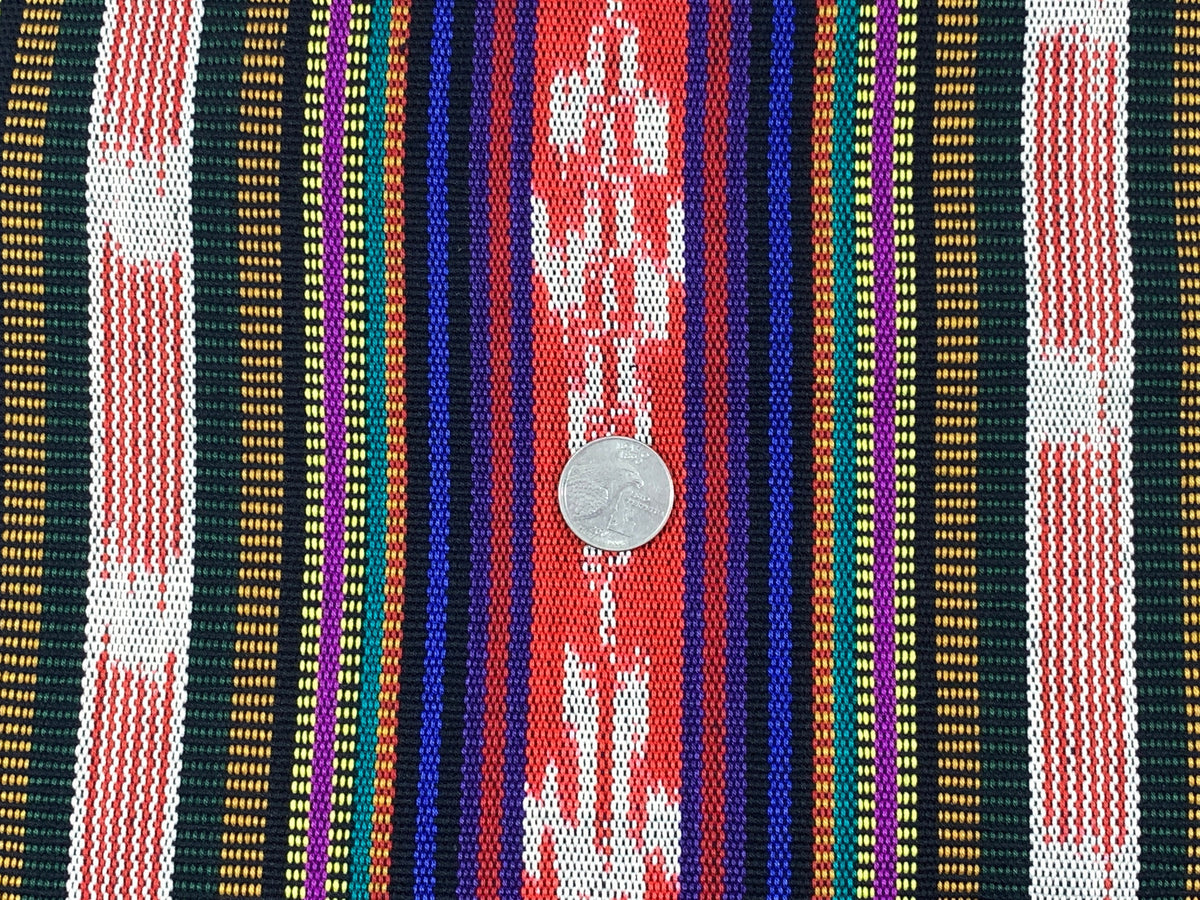 Red Ikat Stripes with Black, Blue, Purple, Guatemalan Fabric by the YARD. Handwoven Mayan Medium Weight Textile for Home Décor 36" wide.