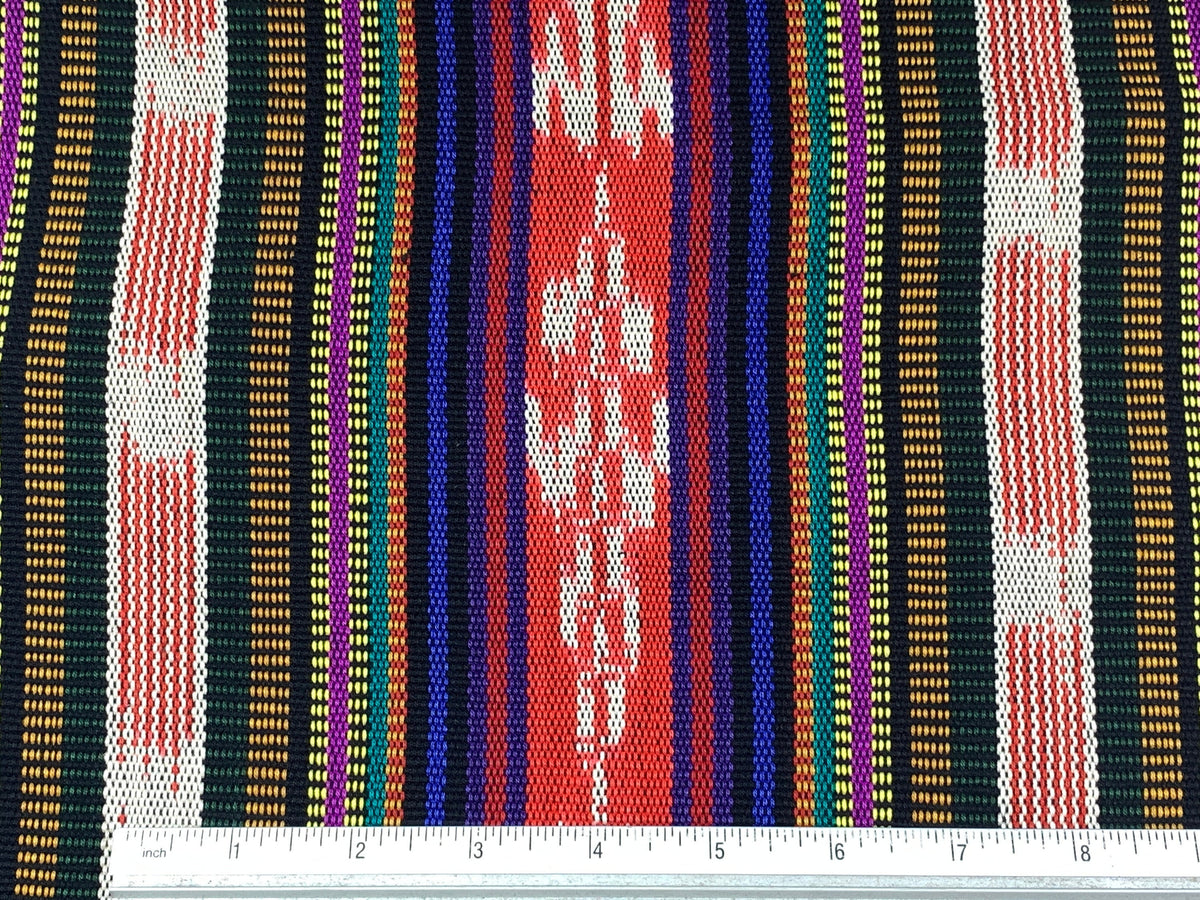 Red Ikat Stripes with Black, Blue, Purple, Guatemalan Fabric by the YARD. Handwoven Mayan Medium Weight Textile for Home Décor 36" wide.