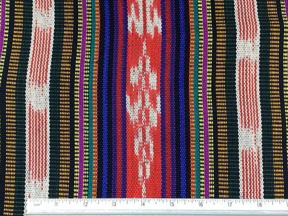 Red Ikat Stripes with Black, Blue, Purple, Guatemalan Fabric by the YARD. Handwoven Mayan Medium Weight Textile for Home Décor 36" wide.