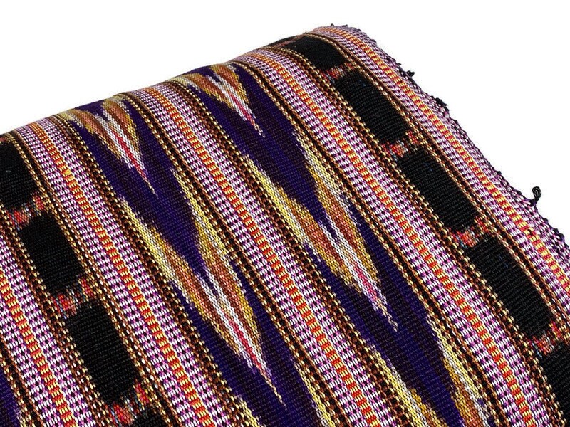 Guatemalan Ikat Fabric by the YARD. Handwoven Fair Trade Mayan Fabric. Heavy Woven Fabric for Home Décor. Dark Purple, Yellow, Black Stripes