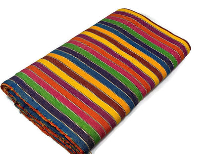 Guatemalan Striped Ikat Fabric by the YARD. Medium Weight. Rainbow and White Lines Handwoven Mayan Fabric for Apparel, Home Décor. 36" wide.