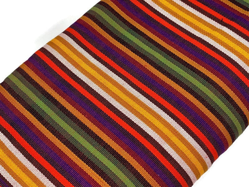 Guatemalan Thin Striped Ikat Fabric by the YARD. Medium Weight. Orange/Olive Green/Yellow Handwoven Mayan Fabric for Home Décor. 36" wide.