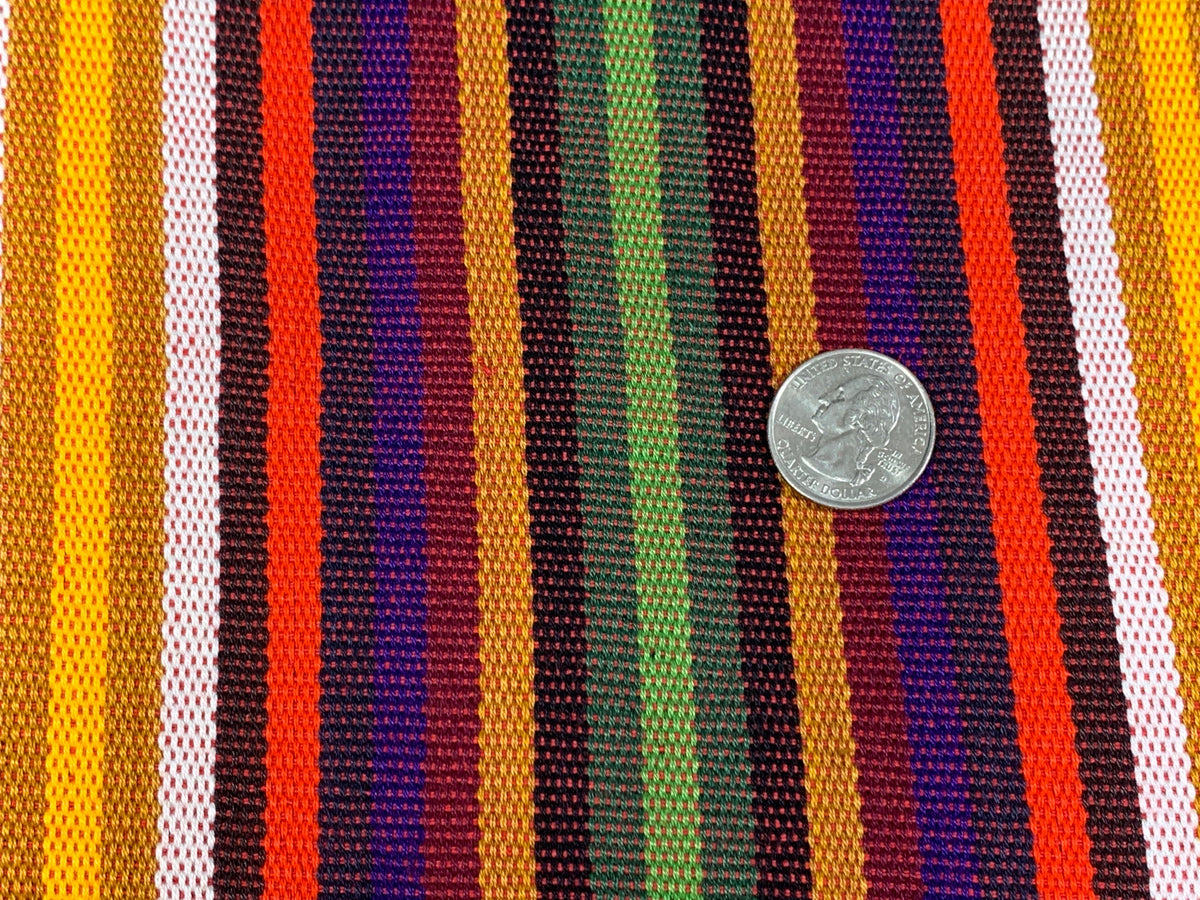 Guatemalan Thin Striped Ikat Fabric by the YARD. Medium Weight. Orange/Olive Green/Yellow Handwoven Mayan Fabric for Home Décor. 36" wide.