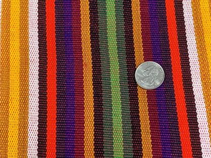 Guatemalan Thin Striped Ikat Fabric by the YARD. Medium Weight. Orange/Olive Green/Yellow Handwoven Mayan Fabric for Home Décor. 36" wide.