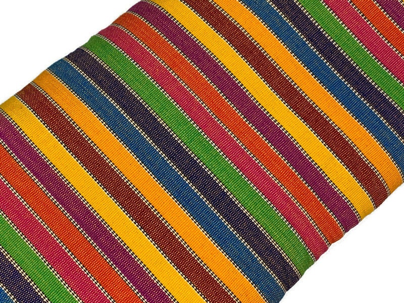 Guatemalan Striped Ikat Fabric by the YARD. Medium Weight. Rainbow and White Lines Handwoven Mayan Fabric for Apparel, Home Décor. 36" wide.
