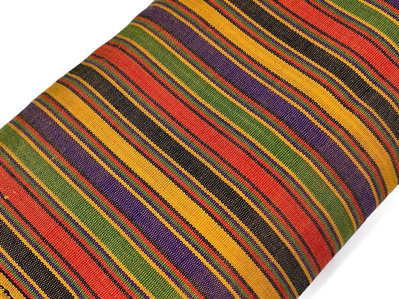 Guatemalan Thin Striped Ikat Fabric by the YARD. Medium Weight. Yellow/Purple/Green/Orange Handwoven Mayan Fabric for Home Décor. 36" wide.