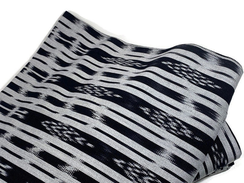 Guatemalan Ikat Fabric by the YARD. Black & Silver/Pale Gray Striped Handwoven Mayan Textile for Home Décor, Apparel. 100% Cotton Med Weight