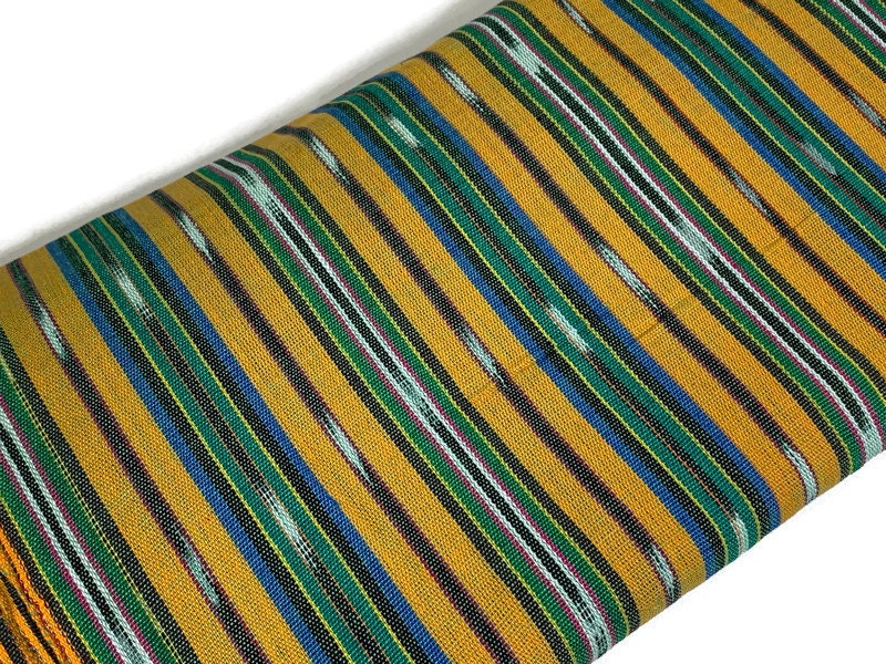 Guatemalan Fabric by the Yard. 100% Handwoven Cotton Fabric. Bright Yellow & Green, Ikat Striped Mayan Textiles for Clothing and Home Décor.
