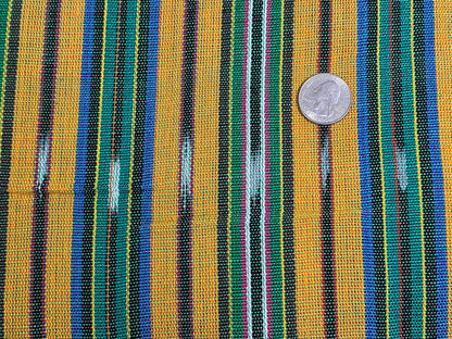 Guatemalan Fabric by the Yard. 100% Handwoven Cotton Fabric. Bright Yellow & Green, Ikat Striped Mayan Textiles for Clothing and Home Décor.