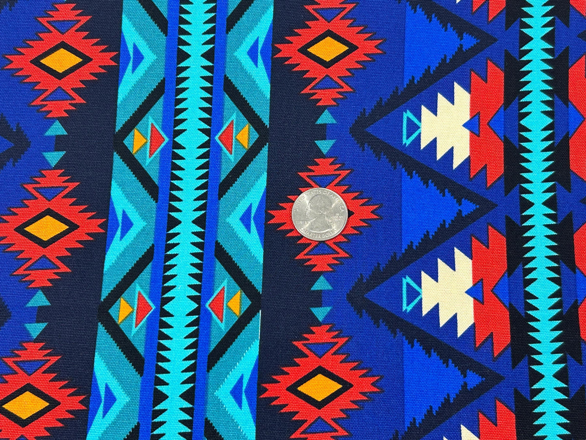 CANVAS Southwest Style Ikat Print Fabric by the Yard. 100% Canvas Weight Cotton in Royal Blue, Turquoise & Red. For Apparel, Décor, Crafts.