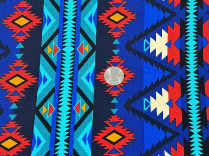 CANVAS Southwest Style Ikat Print Fabric by the Yard. 100% Canvas Weight Cotton in Royal Blue, Turquoise & Red. For Apparel, Décor, Crafts.