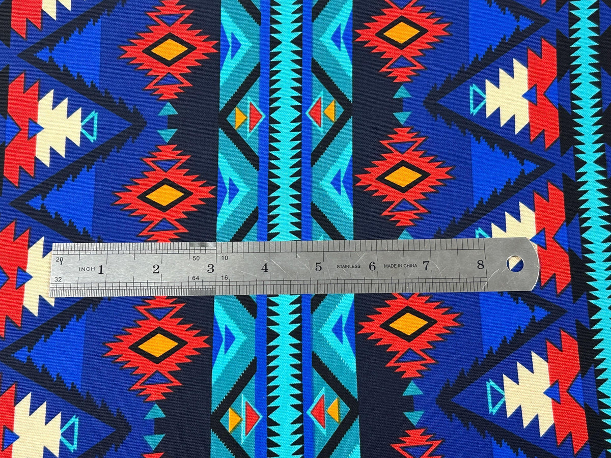 CANVAS Southwest Style Ikat Print Fabric by the Yard. 100% Canvas Weight Cotton in Royal Blue, Turquoise & Red. For Apparel, Décor, Crafts.