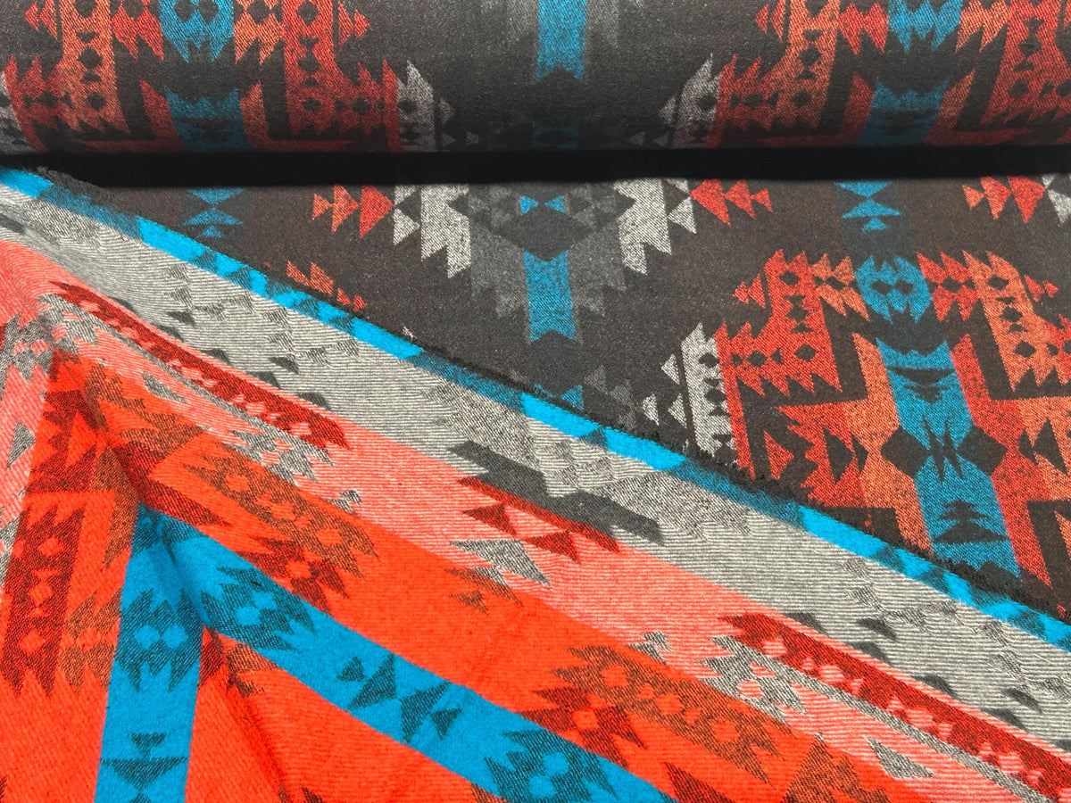 Sueded Cotton Southwest Style Woven Ikat Fabric by the Yard. 100% Heavy Flannel Weight Cotton Charcoal & Chile Red for Apparel, Home Décor.