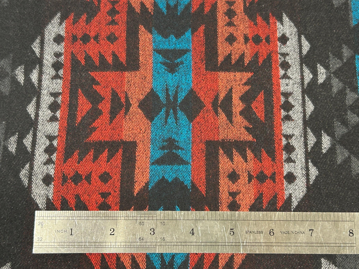 Sueded Cotton Southwest Style Woven Ikat Fabric by the Yard. 100% Heavy Flannel Weight Cotton Charcoal & Chile Red for Apparel, Home Décor.