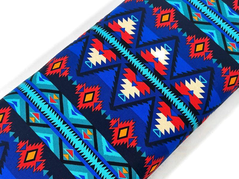 CANVAS Southwest Style Ikat Print Fabric by the Yard. 100% Canvas Weight Cotton in Royal Blue, Turquoise & Red. For Apparel, Décor, Crafts.