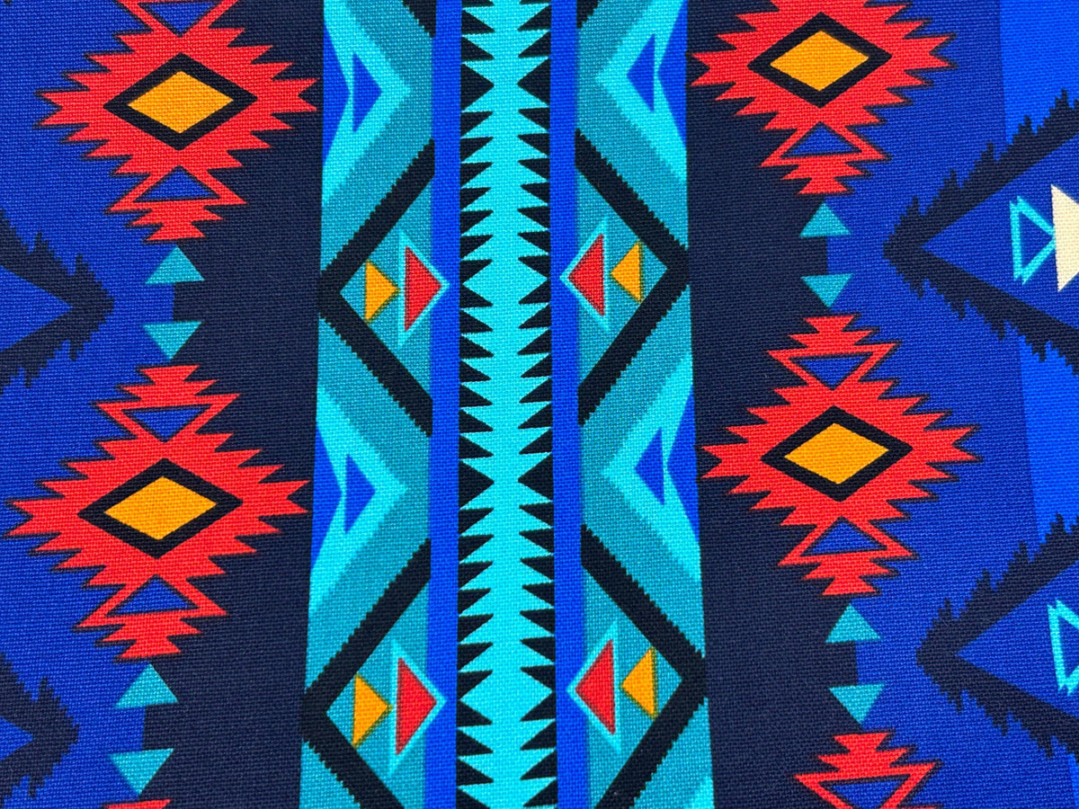 CANVAS Southwest Style Ikat Print Fabric by the Yard. 100% Canvas Weight Cotton in Royal Blue, Turquoise & Red. For Apparel, Décor, Crafts.