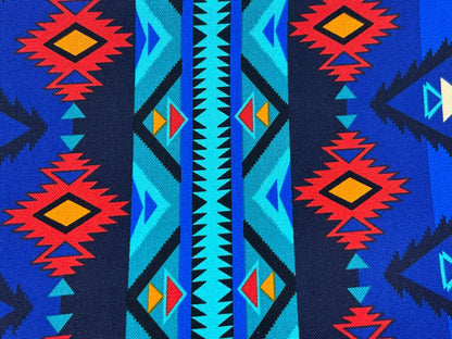 CANVAS Southwest Style Ikat Print Fabric by the Yard. 100% Canvas Weight Cotton in Royal Blue, Turquoise & Red. For Apparel, Décor, Crafts.