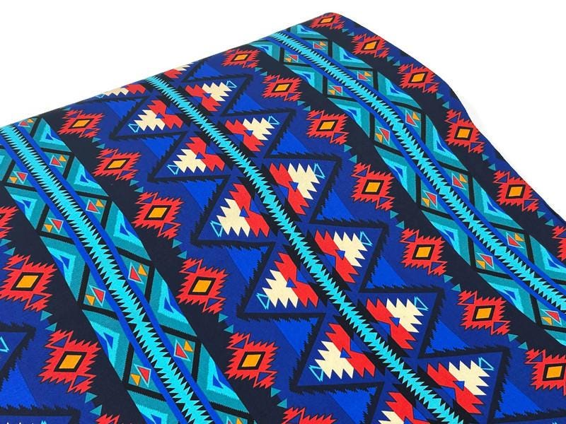 CANVAS Southwest Style Ikat Print Fabric by the Yard. 100% Canvas Weight Cotton in Royal Blue, Turquoise & Red. For Apparel, Décor, Crafts.