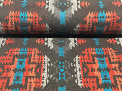 Sueded Cotton Southwest Style Woven Ikat Fabric by the Yard. 100% Heavy Flannel Weight Cotton Charcoal & Chile Red for Apparel, Home Décor.
