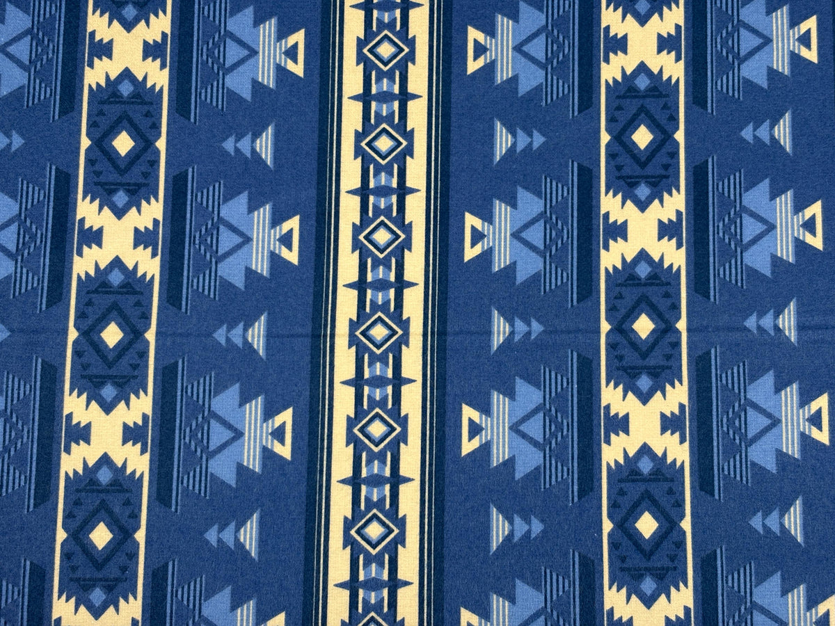 Blue Southwest Flannel Fabric, Woven Ikat Cotton, Home Décor Apparel